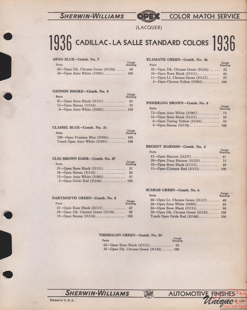 1936 Cadillac Paint Charts Williams 2